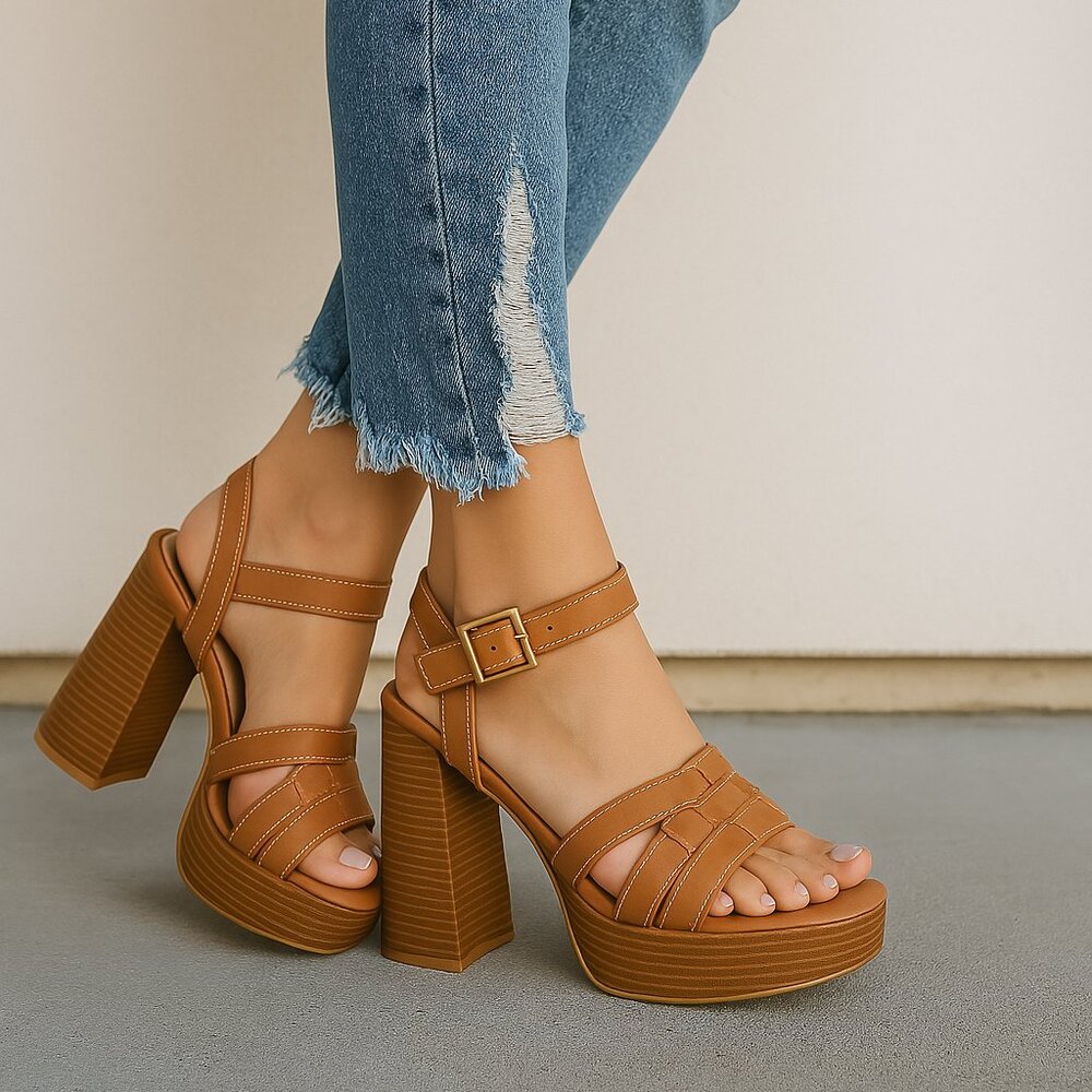 TAN TRIM PLATFORM WOOD WEDGE HEEL - NON-BRANDED